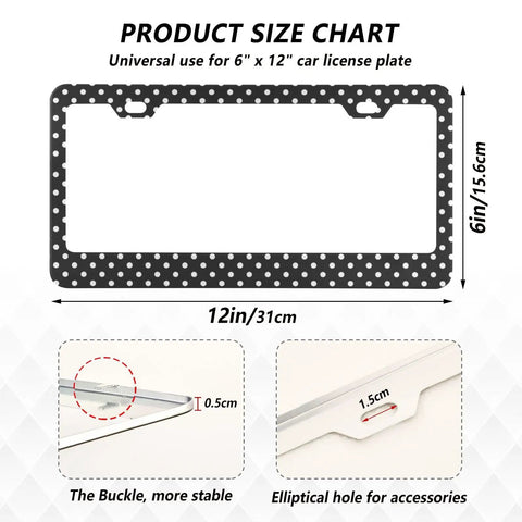 Size chart for Cool Polka Dot Black And White License Plate Frame Two Pack Universal Fit Stainless Steel With Screws