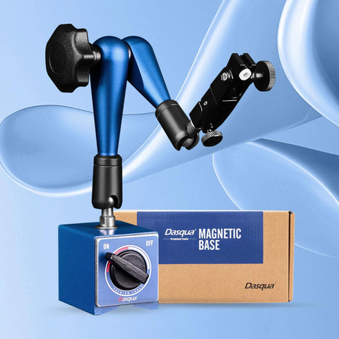 Dasqua magnetic base with blue articulated arm and clamp; blue control box with on/off dial visible