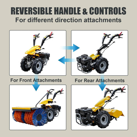 Workhorse Power Rear Tine Tiller Cultivator With 420cc 13.5 HP Gas Engine showcasing reversible handle for attachments