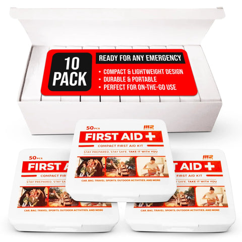 M2 BASICS mini first aid kit; three white tins with red First Aid label, 50 pcs per tin, 10-pack box