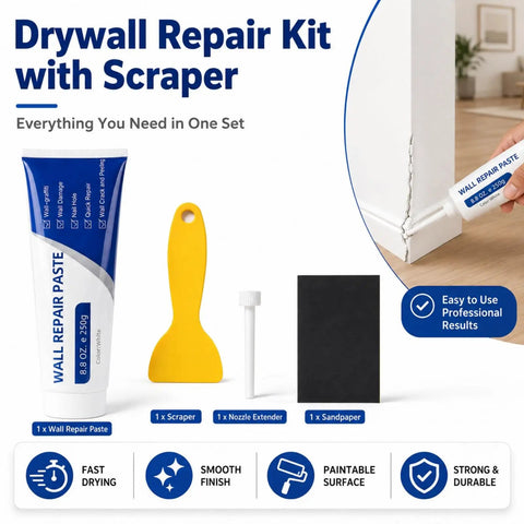 Hassle Free White Wall Repair Paste Kit With Built In Scraper For Quick Hole And Crack Patching, includes 250g paste and tools.
