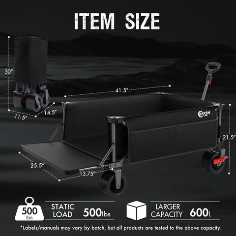 Beast Foldable Wagon With Tailgate Cargo Net 55 Inch Long 26 Inch Wide 600L Capacity All Terrain Wheels Heavy Duty Utility Cart