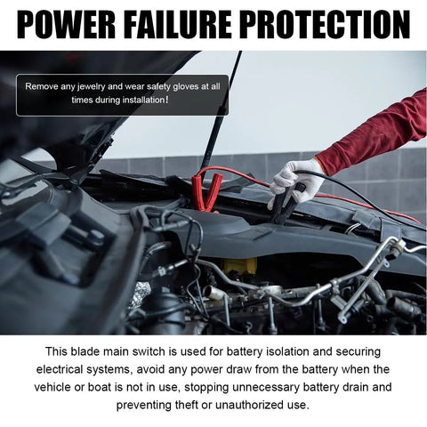 Person installing Bulletproof Horizontal Knife Blade Battery Disconnect Switch For Cars Trucks And Campers with safety gloves on engine.