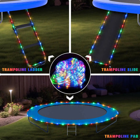 Outdoor 200 LED Solar Rope Lights, 66ft IP65 Waterproof Trampoline and Garden Decor, 8 Modes Multicolor String Lights on trampoline