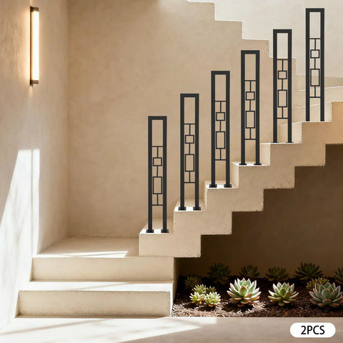 U Shaped Wrought Iron Stair Handrail Featuring Tough As Nails Rectangle Railing With Rock Solid Non Slip Base For Indoor Outdoor Porch Deck Loft Safety Support Two Pack Matte Black on staircase with succulents.