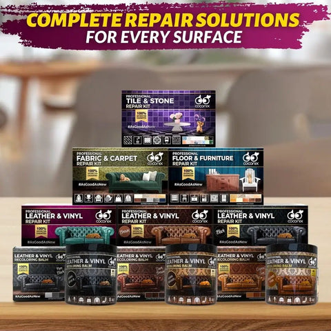 Assorted repair kits including Leather And Vinyl Recoloring Balm In Pure Black For Sofas Chairs And Car Seats on display