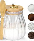 Refillable Sugar Jar With Bamboo Lid And Spoon, 15 oz glass canister for coffee bar decor, kitchen accessory, sugar bowl displayed with ingredients