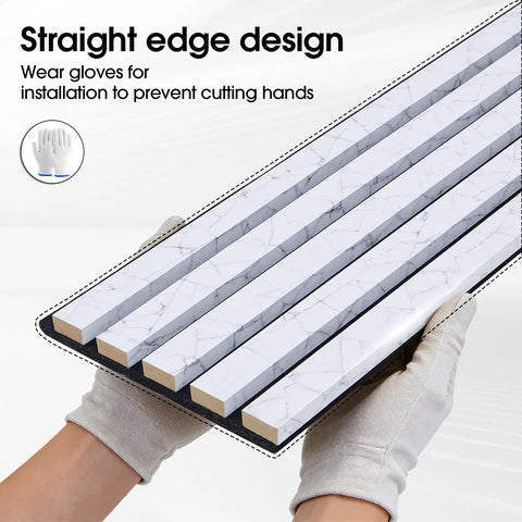 Premium Wood Slat Acoustic Panels Feature Heavy Duty Sound Absorption Tech Ideal For Epic Gaming Room Accent Walls And Home Theater Backdrops Available In Clean White Marble Finish To Hella Level Up Your Space, straight edge design shown.