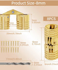 Hidden Brass Barrel Hinges Set With Drill Bit For Wooden Boxes, 8mm hinges with screws and drill bit dimensions shown