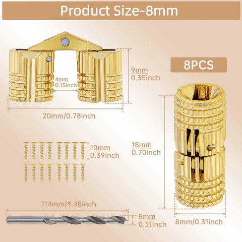Hidden Brass Barrel Hinges Set With Drill Bit For Wooden Boxes, 8mm hinges with screws and drill bit dimensions shown