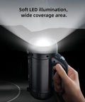 Hand holding All-In-One 17-In-1 Toolkit With Flashlight from toolkit, beam illuminating dark area for home fixes, camping, outdoor use.