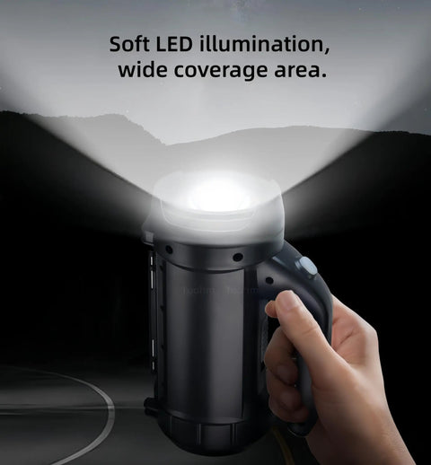 Hand holding All-In-One 17-In-1 Toolkit With Flashlight from toolkit, beam illuminating dark area for home fixes, camping, outdoor use.