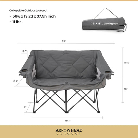 Portable Folding Double Duo Camping Chair Loveseat For Two with dimensions and carrying bag in background