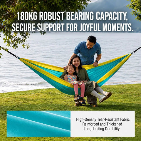 Family enjoying Ultra Lightweight Camping Hammock With 500 Lb Capacity And Tree Straps For Travel Backpacking And Hiking outdoors
