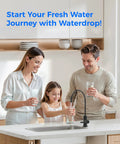 Family using Black Reverse Osmosis Kitchen Sink Faucet for Under Counter Water Filtration Systems NSF Certified in a modern kitchen.