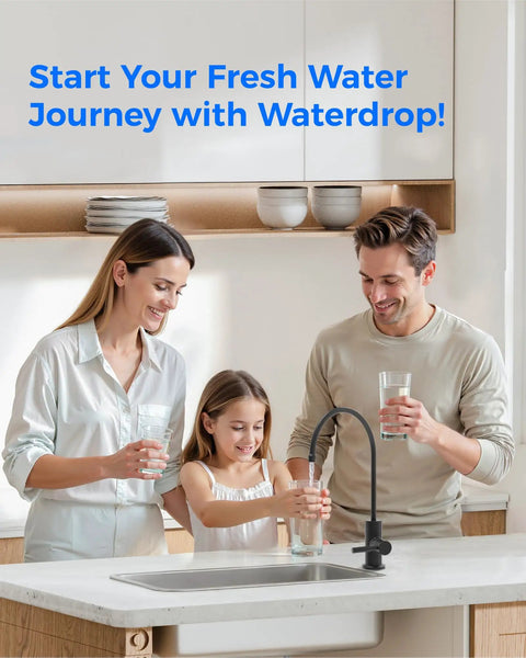 Family using Black Reverse Osmosis Kitchen Sink Faucet for Under Counter Water Filtration Systems NSF Certified in a modern kitchen.
