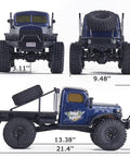 Three views of 1/10 Atlas RC Crawler 4WD With LED Lighting And Realistic Detail, side and front views showcasing tire size and detail, Blue.