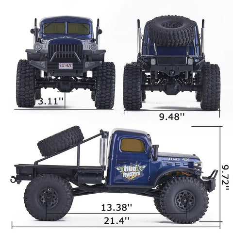 Three views of 1/10 Atlas RC Crawler 4WD With LED Lighting And Realistic Detail, side and front views showcasing tire size and detail, Blue.