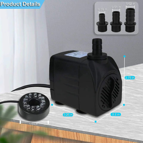 Submersible Fountain Pump With 400 GPH 1800 LPH, Ultra Quiet 25W, 12 LED Colorful Lights, 3 Nozzles, on table display
