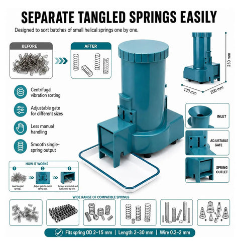 Heavy Duty Automatic Spring Separator For Small Coil Sorting With Centrifugal Vibration Tech and Spacious Hopper image showing machine and spring types.