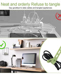 24 Piece Silicone Cable Ties Pack With Locking Buckles Reusable And Washable Adjustable Straps For Cable Management No Fuss Multi Purpose High Elasticity Cord Organizer In Four Colors shows untangled cords on a desk with a green strap close-up.