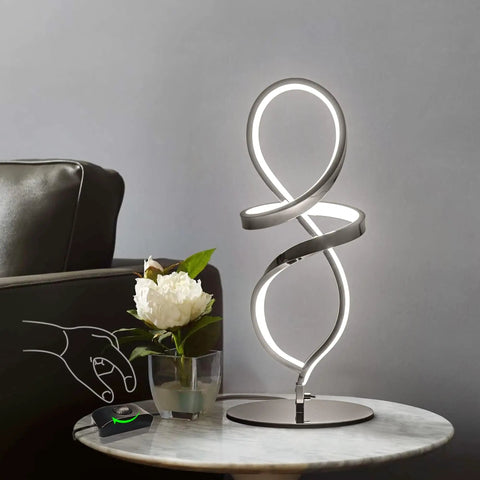 Dope Modern LED Table Lamp With Unique Spiral Design For A Sleek Nightstand, Stepless Dimming, Chrome Finish On Side Table