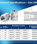 3/8 x 3/8 NPT Hex Coupling Double Female Pipe Fitting, 304 Stainless Steel, technical specifications chart