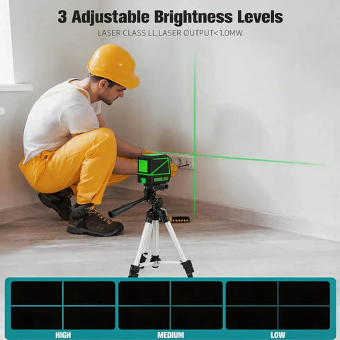 Laser Level With Tripod And Rotary Green Cross Line 100 Ft Self Leveling Laser Tool For Indoor Outdoor Construction And For DIYers 110 Degree Coverage For Precise Alignment And Fast Reliable Results. worker setting green cross-line laser level on tripod indoors
