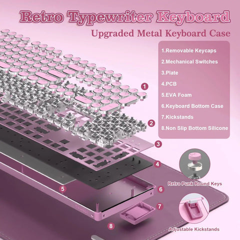 Exploded view of Pink Retro Mechanical Gaming Keyboard Boss Level Design Featuring Classic Typewriter Layout and Solid Steel Chassis.
