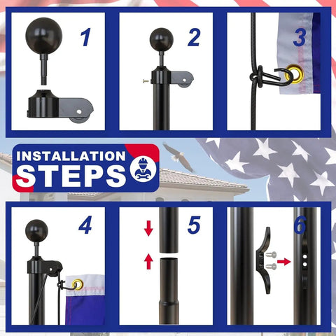 Installation steps for 25 Foot Heavy Duty Flag Pole Built Tough Aluminum Rust Resistant Wind Tested To 100 MPH Two Flags.