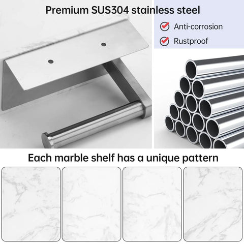 Toilet Paper Holder With Marble Shelf, Stainless Steel Wall Mount, SUS304 Construction, rust-resistant tubes and shelf patterns.