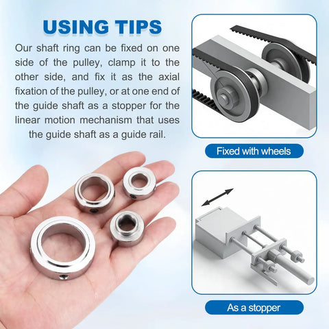 Set of Shaft Collars One Half Inch Bore, One Inch Outer Diameter, Five Sixteenth Inch Height, Carbon Steel, Silver Finish, Pack of Four, Great Gear for Wheelbarrows, Industrial Machinery, Tools and DIY Projects, shown in hand