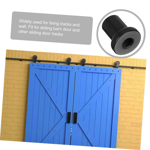 Four Pack Sliding Barn Door Track Spacers And Wall Track Connectors For Durable Support And Reliable Rolling Ideal Replacement Hardware For Barn Doors Garages Basements And More shown with blue barn doors
