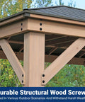 Outdoor structure secured with 10 Inch Structural Wood Screws Size 14 Lag Screws, Black Rust Resistant Coating visible on beams.