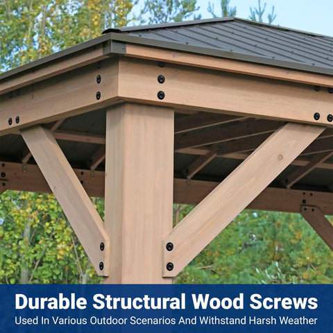 Real Deal Heavy Hitter 8 Inch Lag Screws 50 Pack installed in structural wood supports of a gazebo frame outdoors.