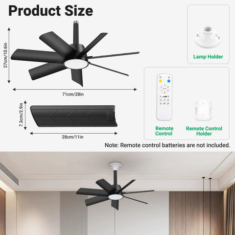 Two In One Socket Fan Light With Remote, 28 Inch Ceiling Fan Delivers 4000 Lumens, 3000K To 6500K Color Temperature, Three Color Options, Six Speeds, Fits E26 And E27 Bases, Screw In Ceiling Fan For Living Room And Kitchen, Black, image showing fan dimensions and components.