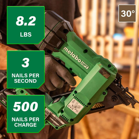Person using Cordless 18V 30 Degree Paper Tape Framing Nailer Kit With 4Ah Battery Drives 2 Inch To Three And A Half Inch Nails
