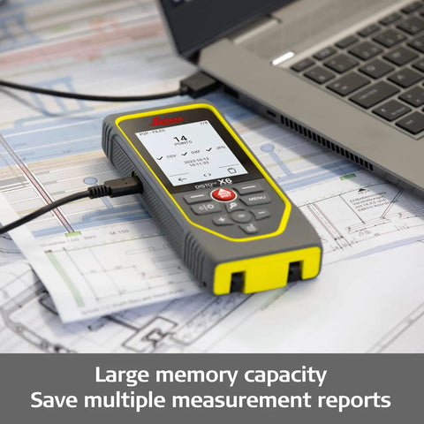 DISTO X6 P2P Laser Range Finder Kit With 800 Ft Reach Point To Point Measuring Bluetooth Data Transfer on blueprints beside laptop