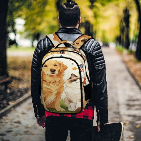 Heart And Bone Pet Pals Printed Unisex Backpack With Large Capacity on person in park, dog and cat print, polyester daypack