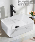 Rectangular Above Counter Vessel Sink 16 By 12 Inch Porcelain Ceramic Bathroom Sink With Faucet And Pop Up Drain Included White And Black Finish Stain Resistant Sleek Modern Vanity Upgrade For Your Bathroom