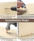 Installation steps showing Five Sixteenths Inch Wood Dowel Pins Set with 225 Pieces Kiln Dried Hardwood inserted into drilled wood.