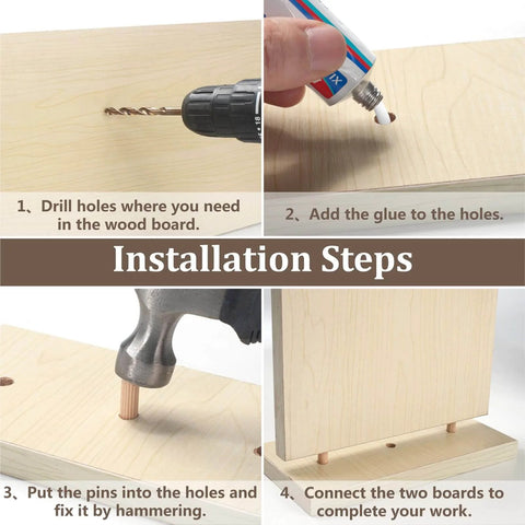 Installation steps showing Five Sixteenths Inch Wood Dowel Pins Set with 225 Pieces Kiln Dried Hardwood inserted into drilled wood.