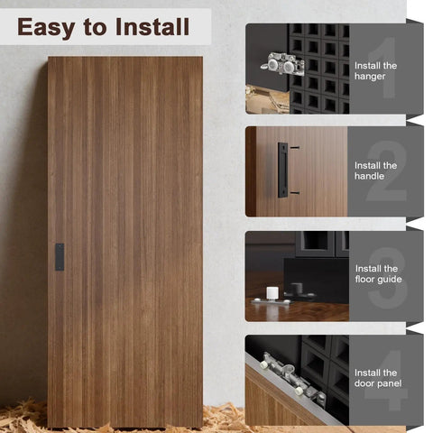 Premium 36X86 Inch Concealed Sliding Barn Door with sleek soft close hardware showcased with installation steps.