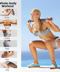 Woman using Five Band Resistance Set For Home Workouts With Five Elastic Loop Bands for leg exercises outdoors, showcasing whole-body workout.