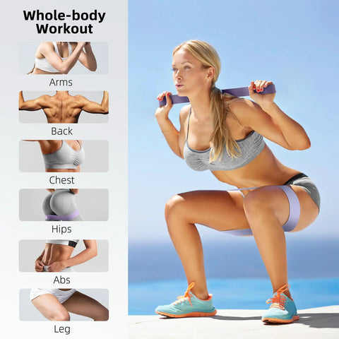 Woman using Five Band Resistance Set For Home Workouts With Five Elastic Loop Bands for leg exercises outdoors, showcasing whole-body workout.