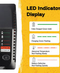 Close-up view of LED indicator display showing charging status on Heavy Duty 18V Battery Charger With 3.0A No Sweat Fast Charging.