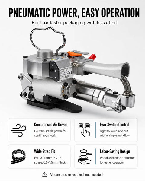 Heavy Duty Pneumatic Strapping Tool With 3500 N Auto Tension Friction Weld And Cut For 13mm To 19 Mm Pp Pet Plastic Bands, showcasing easy operation features.