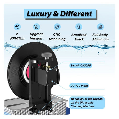 Fully Automatic 6L Ultrasonic Vinyl Record Cleaner with sturdy bracket showcasing features like switch and aluminum design.