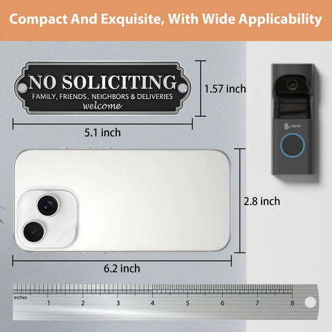 Solid Brass No Soliciting Sign For Home And Office, Do Not Knock Or Ring Bell Wall Plaque next to ruler and smartphone for size comparison.