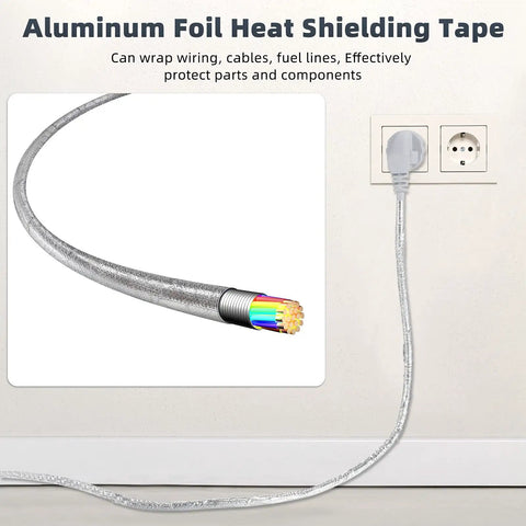 Two Rolls Heavy Duty Aluminum Foil Tape Heat Shield Reflective Barrier wrapping a cable by an outlet